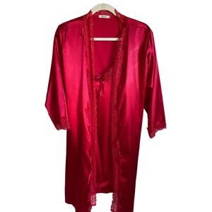 SYKOORIA 2-Piece Set Satin Robe and Chemise Red Satin Lace Trim Size XL Slinky